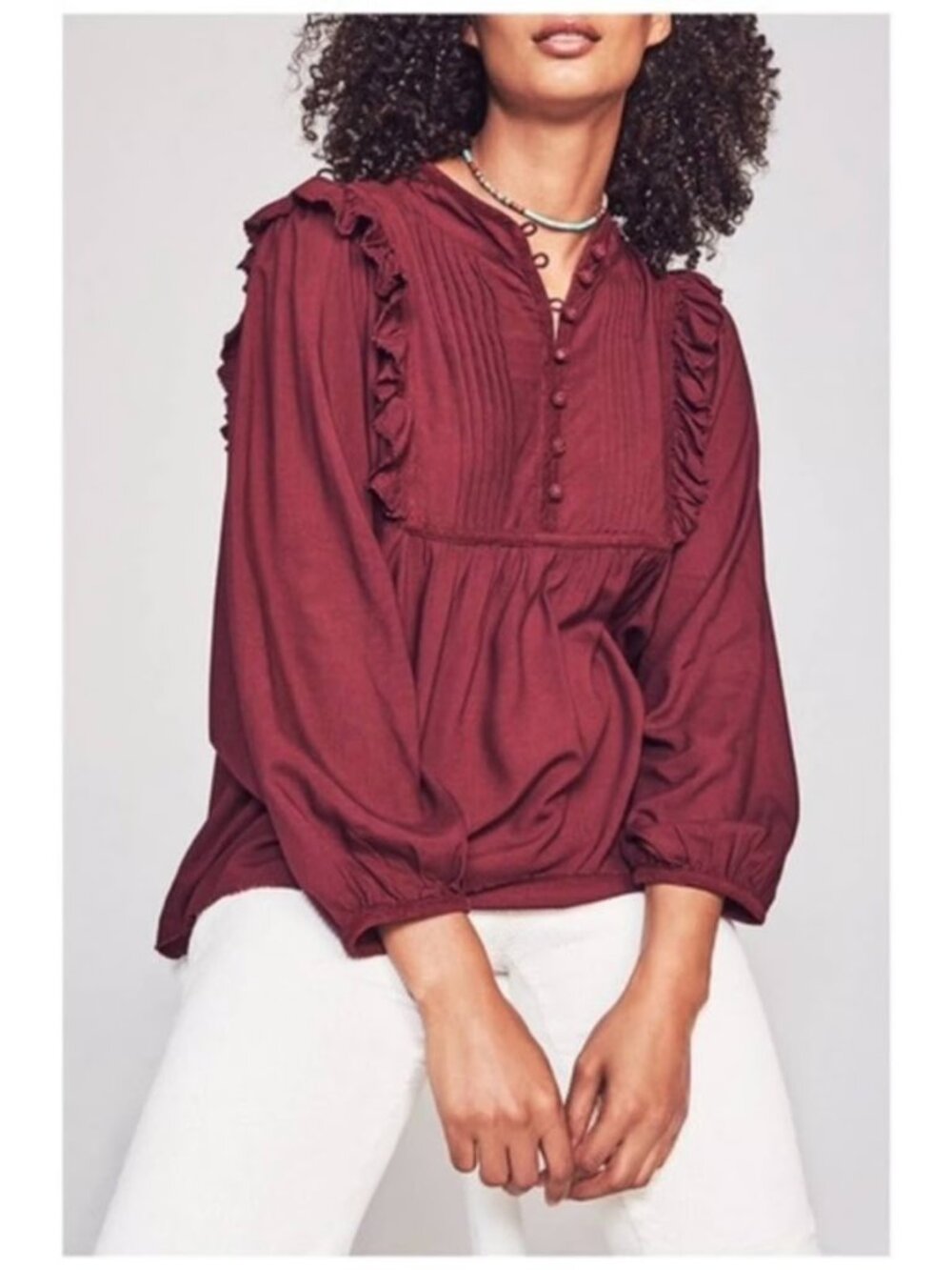 Faherty Birgindy Sparrow Ruffle Trim Peasant Blouse Size M